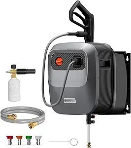 Giraffe Tools Grandfalls Retractable Pressure Washer G20, 2500 PSI 2.2 GPM, 180° Wall Mounted Power Washer, Auto-Retract with 65FT Hose Reel, 5 Nozzles for Floor/Cars/Fences/Patios, Dark Silver