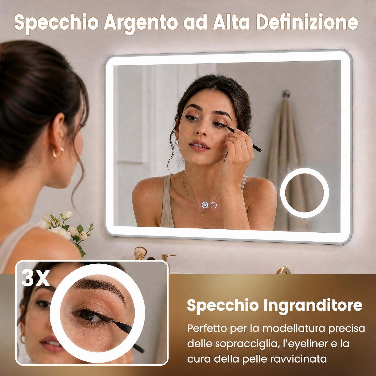 COSTWAY Specchio Bagno da Parete con Luce LED e Lente d'Ingrandimento 3X