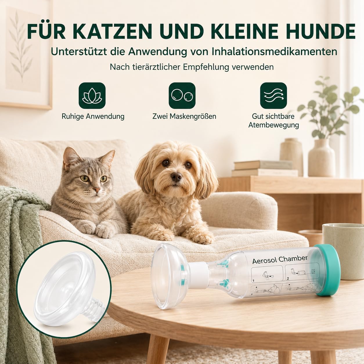 Katzen Inhalator Spacer Aerosolkammer mit 2 Silikonmasken Gruen | Medizinisches Silikon, Antistatische Kammer, Geräuscharmes Design, Zwei Maskengrößen, Sichtbarer Atemindikator
