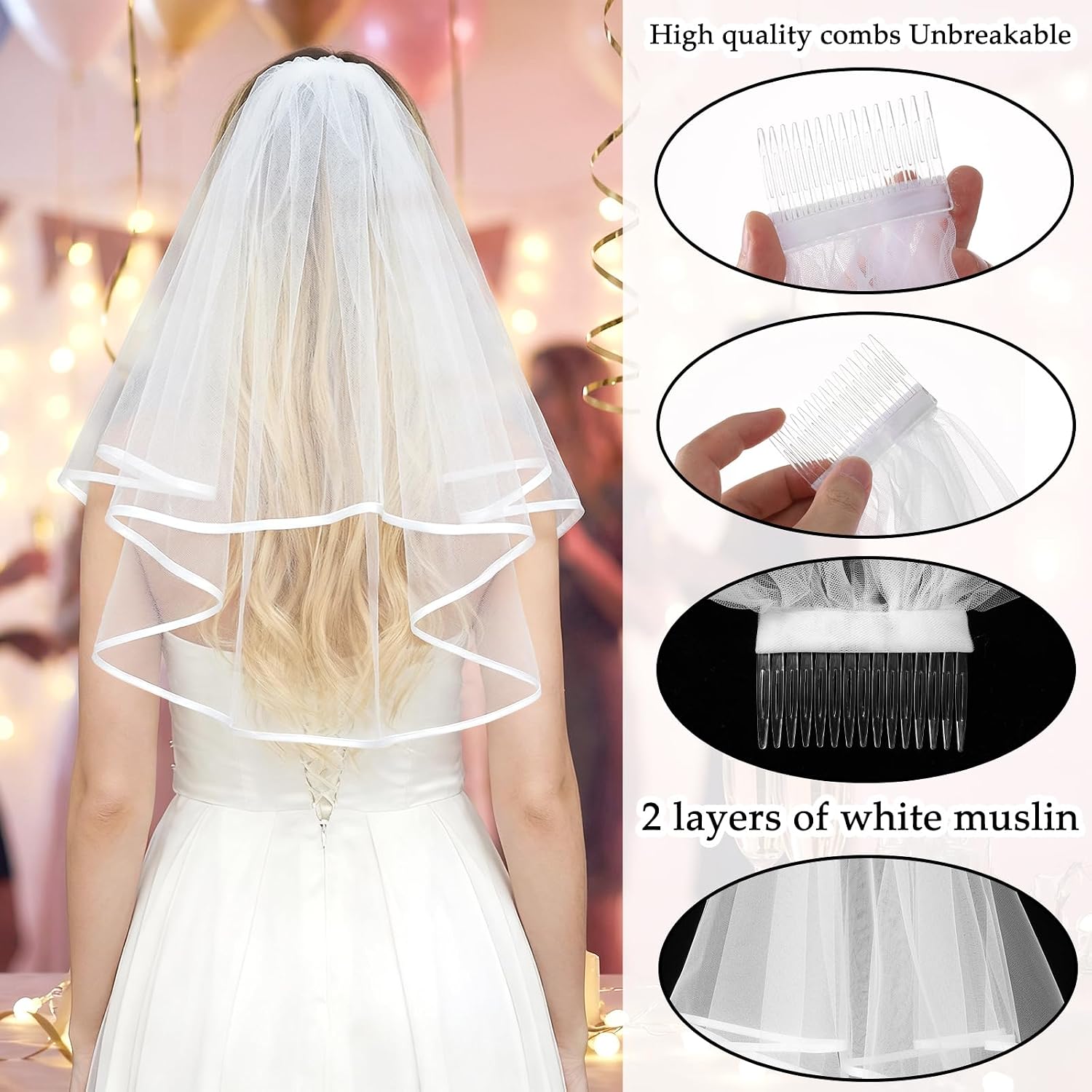 White Short Bridal Veil 2 Tier Wedding Veils with Comb for Weddings, Bachelor Parties, Bridal Showers, First Communion