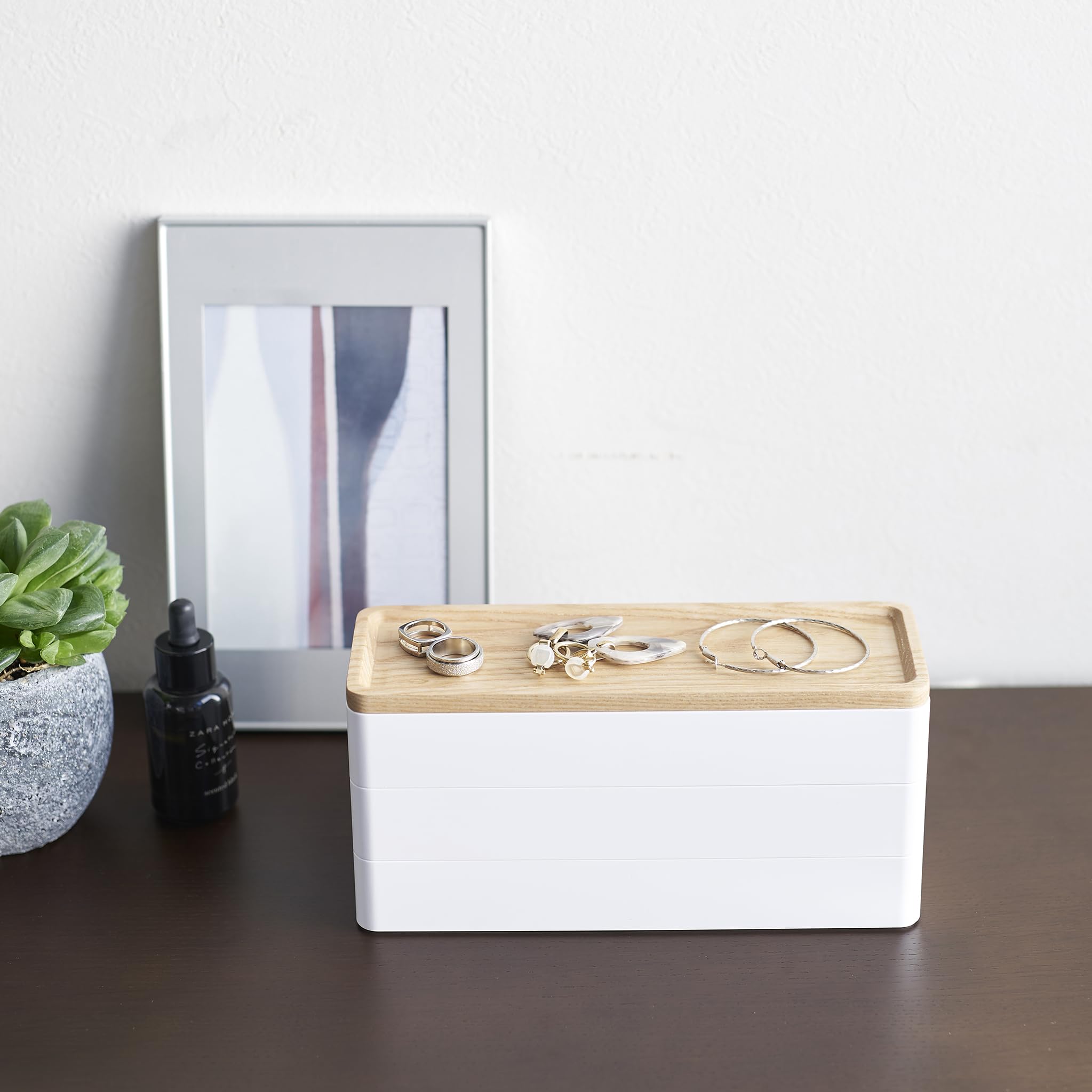 YAMAZAKI 5811 RIN 3Tiered Slim Accessory Case with Lid, white, ABS Resin/Wood, 24 x 8 x 11.5 cm