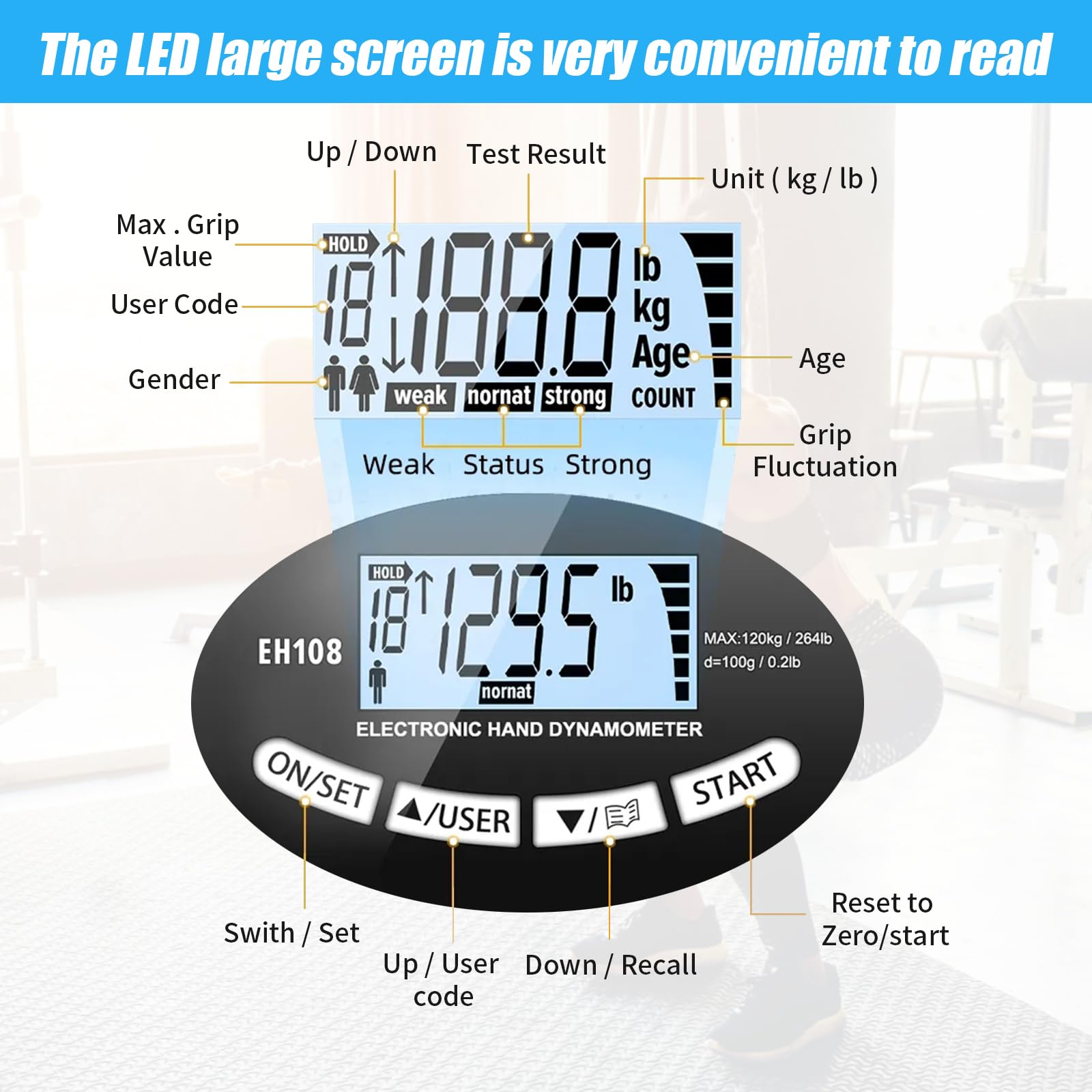 Medidor digital de mano de 264 lb/120 kg, dinamómetro digital de mano, medidor de fuerza de agarre electrónico, medición de fuerza de agarre con pantalla LED (negro)