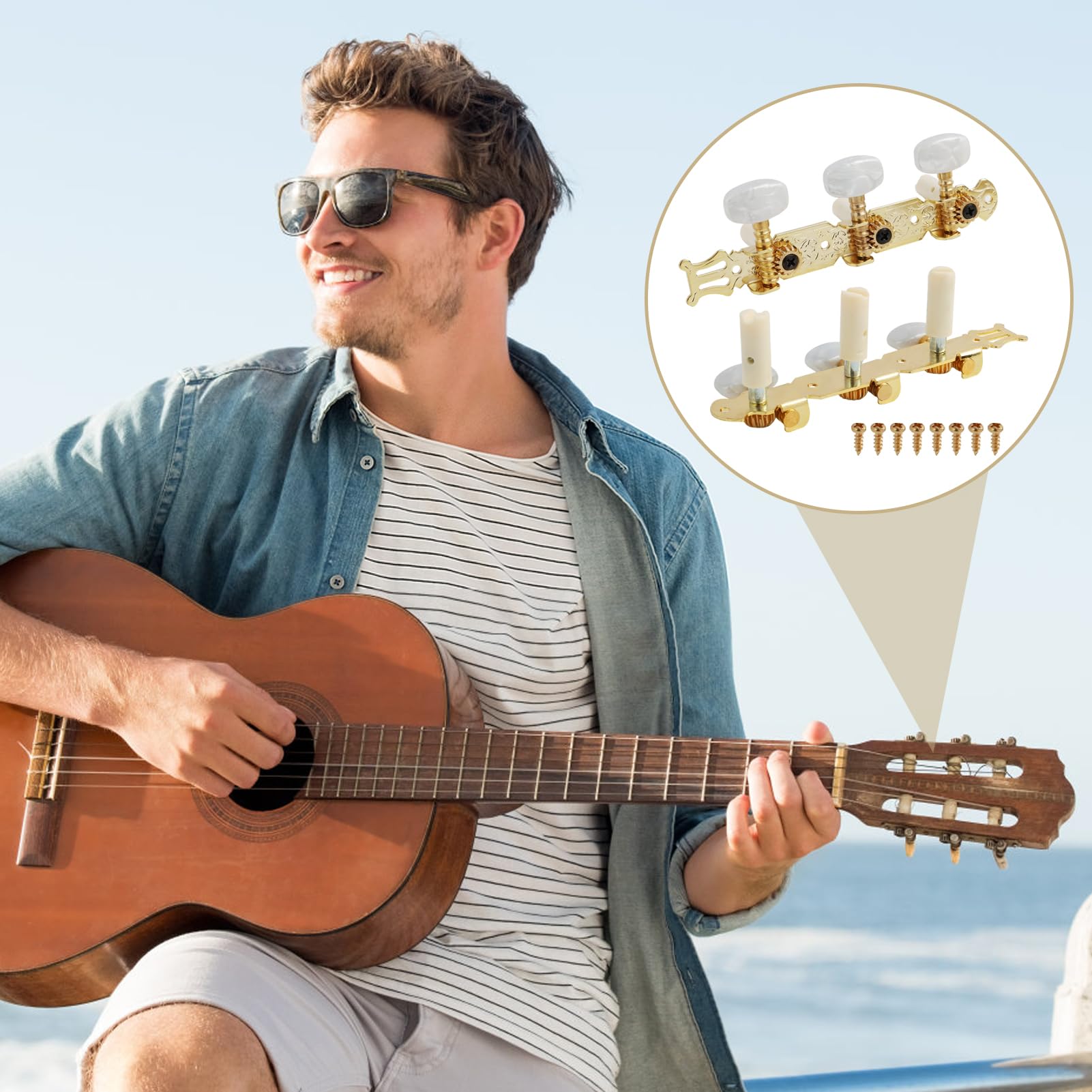 2 Pièces Mécaniques pour Guitares Classiques, Guitare Classique Tuning Pegs 3L+3R avec Boutons Blancs, Mécaniques d'Accordage de Remplacement pour Guitare Acoustique et électrique