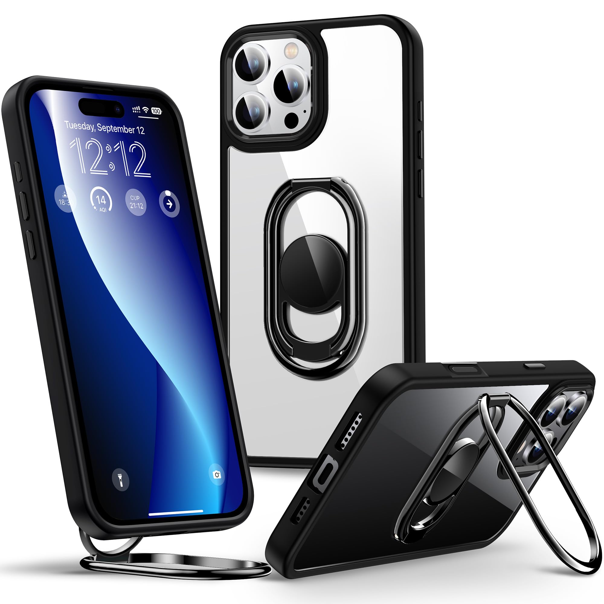 Shields Up for iPhone 16 Pro Max Case with Stand, Phone Case Clear with Double Ring Holder [Adjustable & Foldable] Shockproof Protective Cover for iPhone 16 Pro Max 6.9 inch - Clear Black