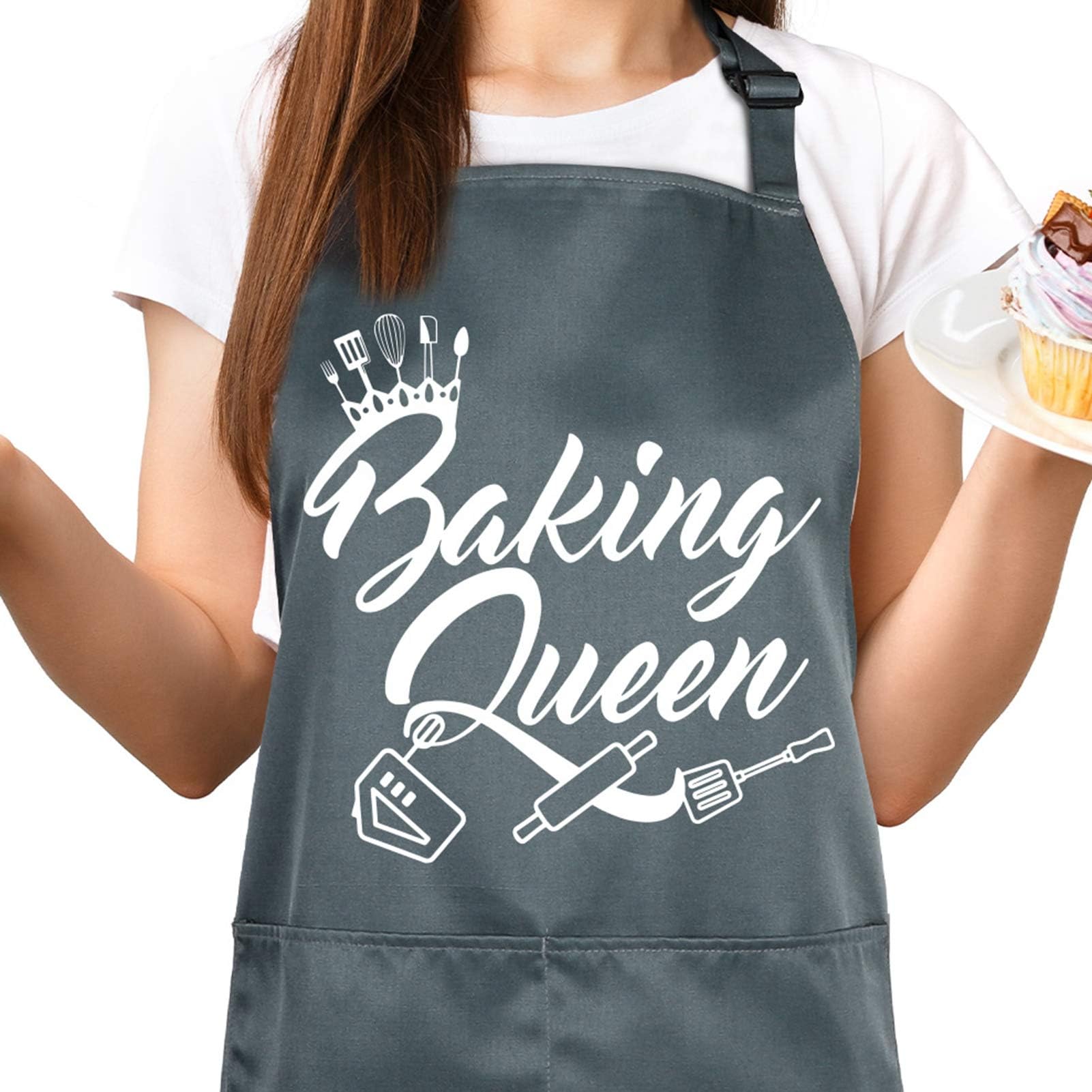 SOSPIROFunny Baking Aprons for Women Baking Queen Kitchen Apron with 2 Pocket Adjustable Cooking Apron for Bakers, Cooking Birthday Festivals Present for Mum Wife Girlfriend Grandma