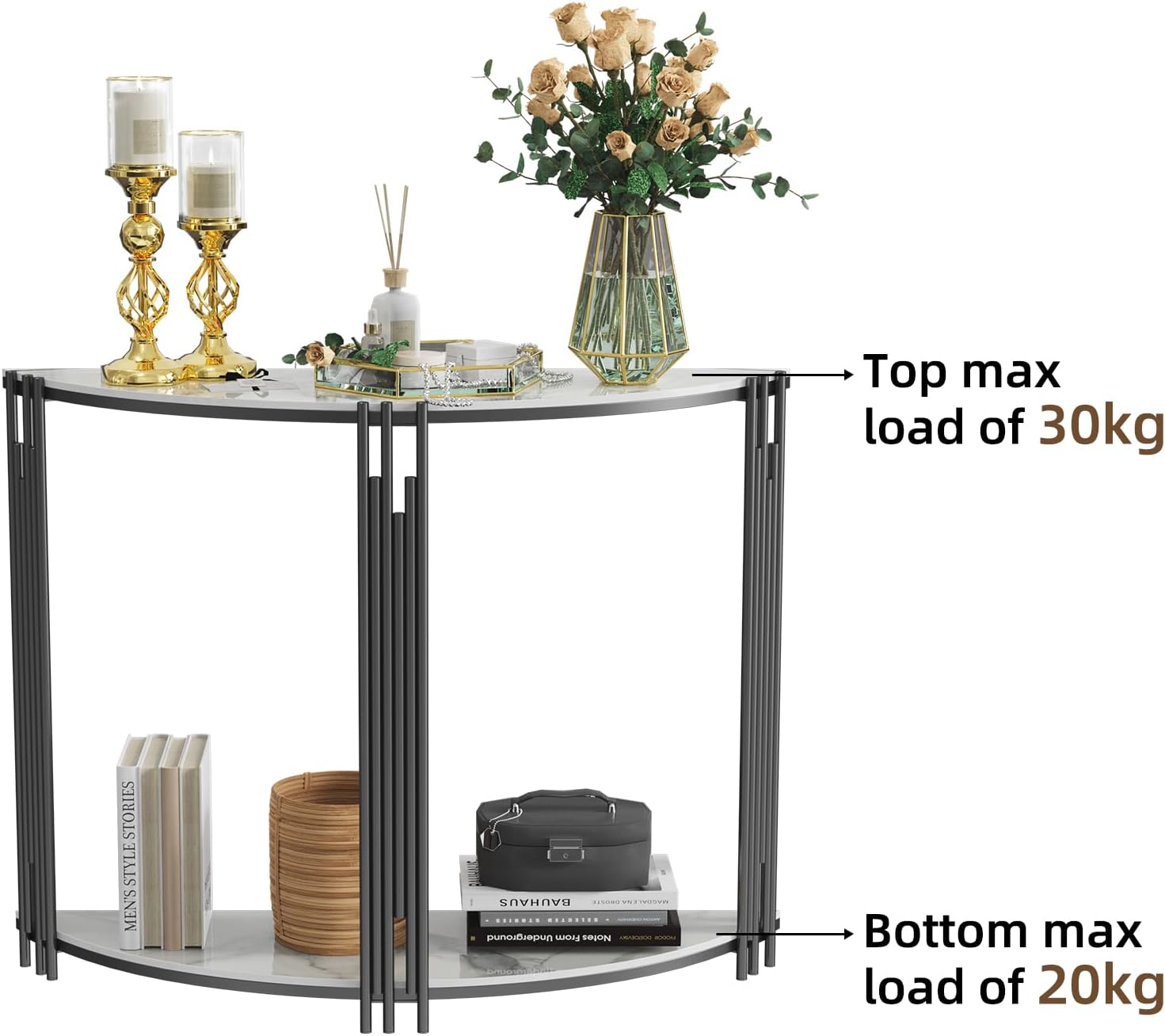 Wisfor Sintered Stone Console Table: Half Round White Entryway Table with Black Frame - Modern Narrow Sofa End Table - Semicircular Accent Table for Hallway, 39.4x11.8x30.7 inch