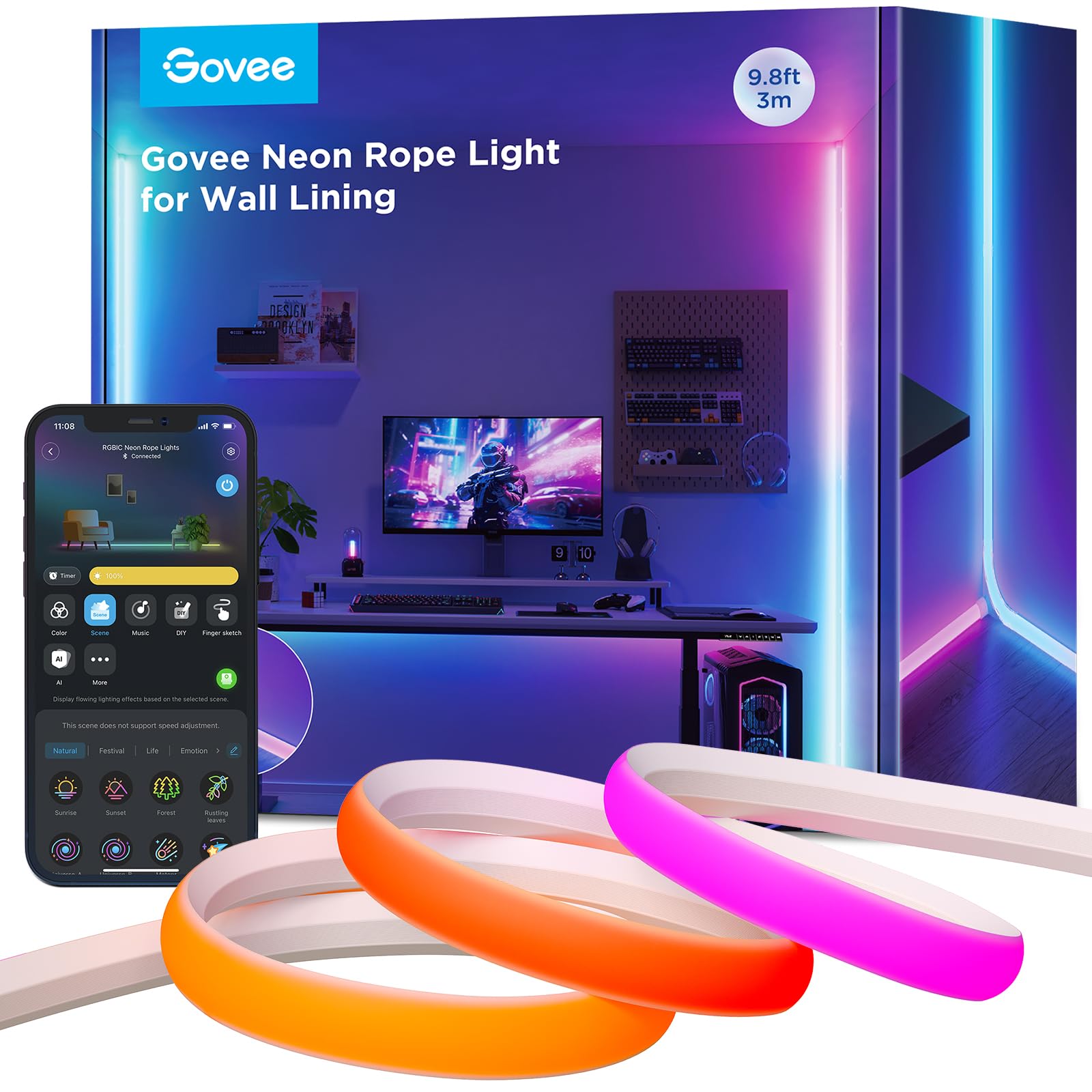 Govee Neon LED Strip für Sockelleiste, 3M RGBIC LED Streifen, Sanftes Licht | Streifen Matter-Kompatible für Wandlinien und Ecken, Musiksync, Zuschneidbar, Neon Licht Deko für Wohnzimmer, Korridor