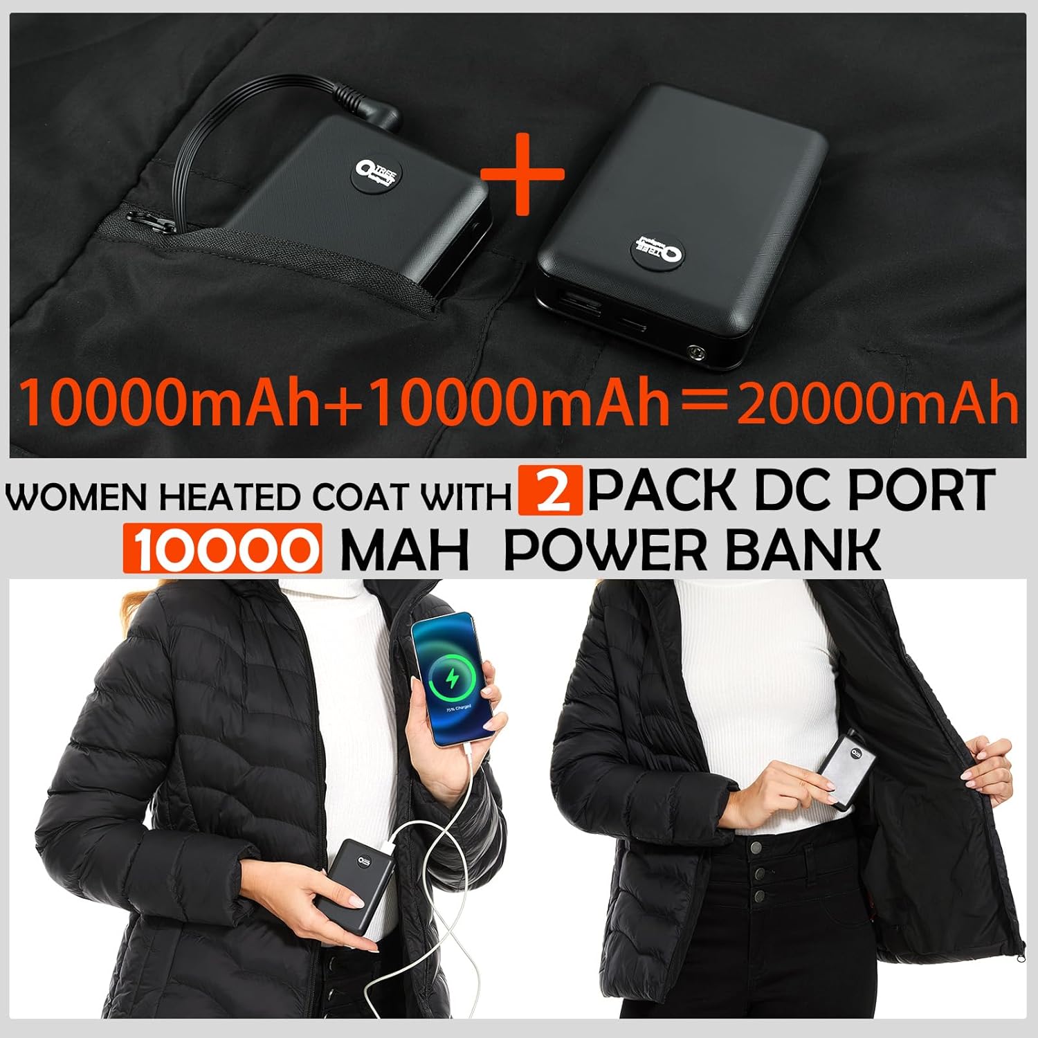 Heated Jacket for women with 2PCS 10000mAh Power Bank, Heating Areas Winter Slim Fit Jackets - Image 5
