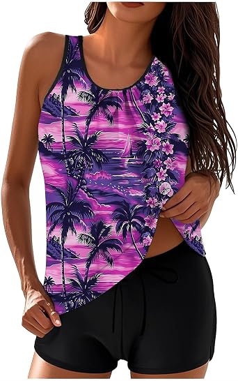Plus Size Tankini Sets for Women 2 Piece Swimsuit Adjustable Tank Top with Boyshorts Beach Vacation Modest Swimwear