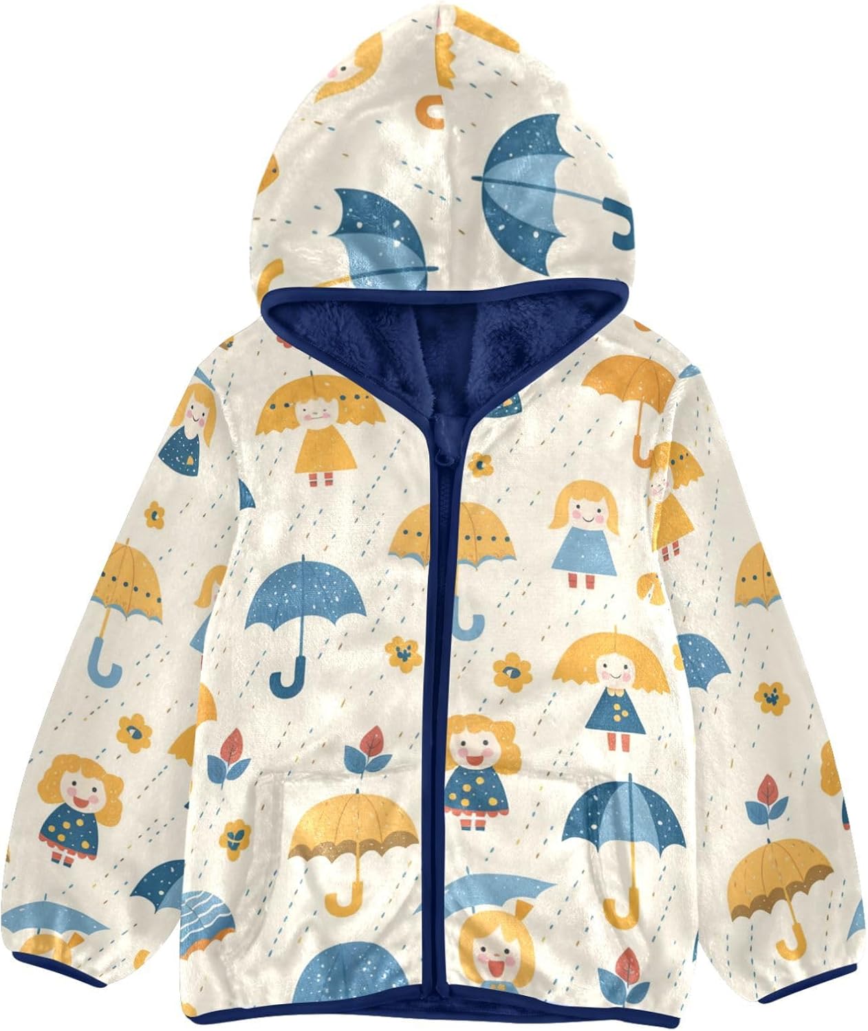 Cartoon Umbrella Rain Fleece Zip Up Jacket Children Coat Navy Blue Baby Zipper Hoodie