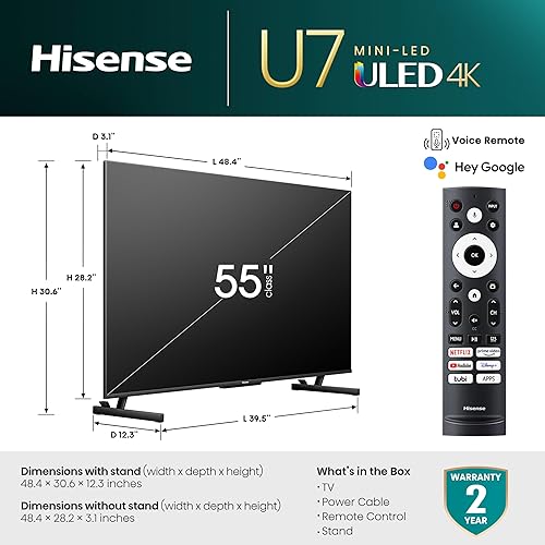 Miniatura 3 de Hisense - Smart TV de 55 pulgadas, Serie U7, Mini-LED ULED 4K UHD, Google Smart TV (55U7K) - QLED, 144Hz nativo, 1000 nits, Dolby Vision IQ, Full