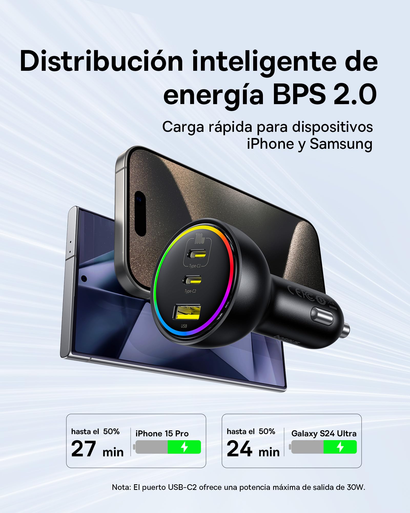 Baseus 152.5W Cargador Coche Carga Rapida 3 Puertos, RGB Cargador Mechero Coche y Cable USB C 100W, Adaptador Mechero Coche para MacBook Pro/Air, iPhone 16/15/14/13, Samsung S24/S23, iPad, AirPods etc