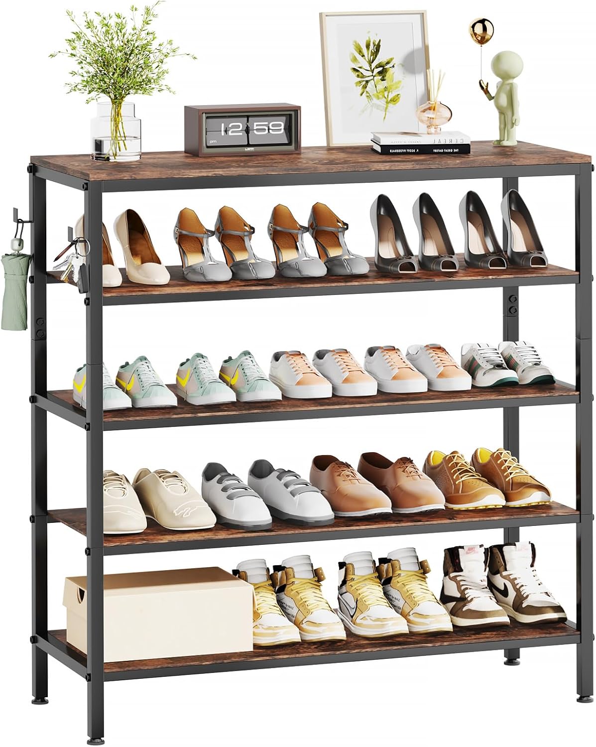 SWTYMIKI Wooden Shoe Rack - Shoe Rack for Front Door Entrance, 5 Tier Shoe Storage Shelves, 16-20 Pairs Shoe Organizer, Free Standing, Industrial, Rustic Brown and Black for Living Room, Hallway iron+wood