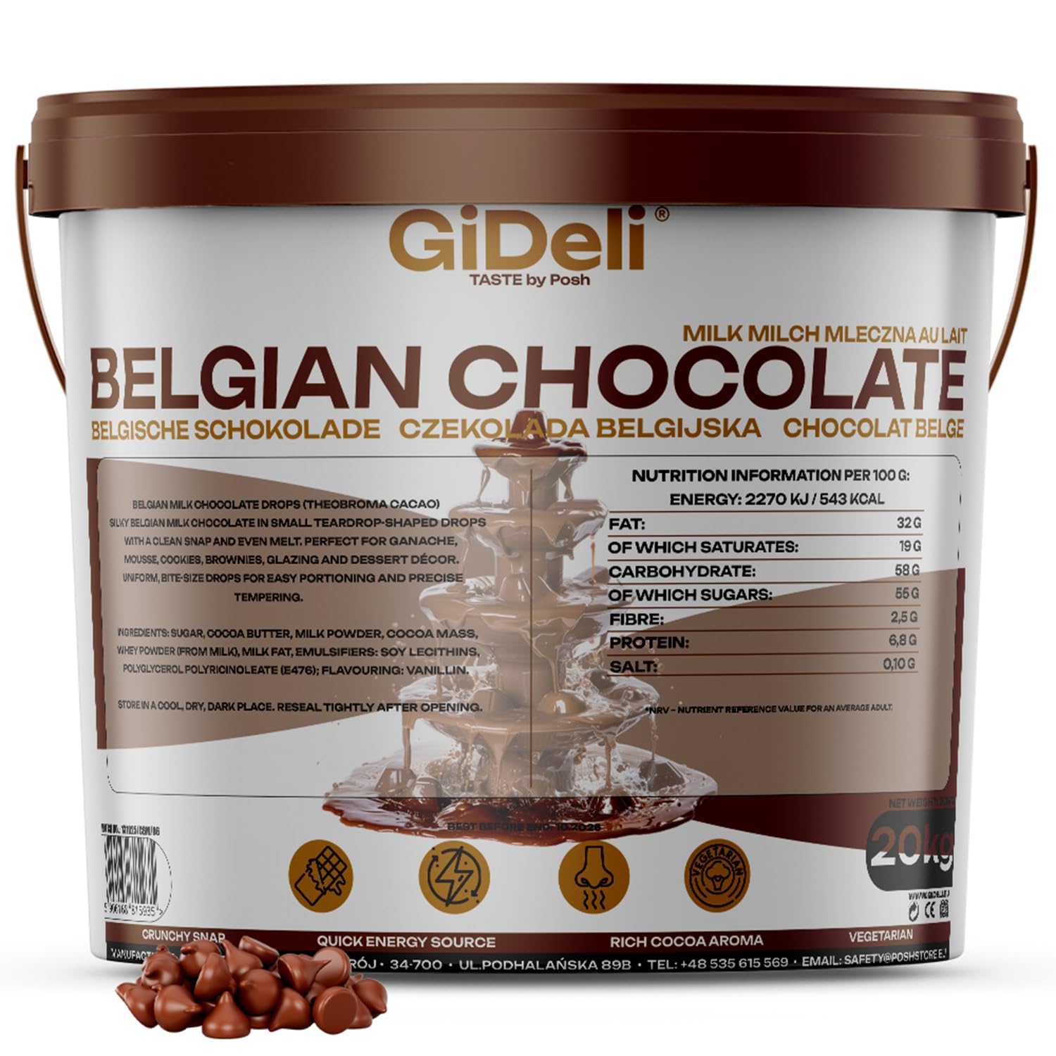GiDeli Belgische Schokolade 20kg im Eimer - Pralinen Chips, Schokodrops - Vollmilch-Kuvertüre - Perfekt für Schokofondue, Backen, Schokobrunnen, Desserts & Glasuren
