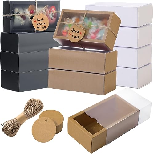 Miniatura 9 de Roowest Paquete de 50 juegos de cajas de regalo caseras de papel kraft con etiquetas en blanco y cuerda de yute (101 artículos) para joyería