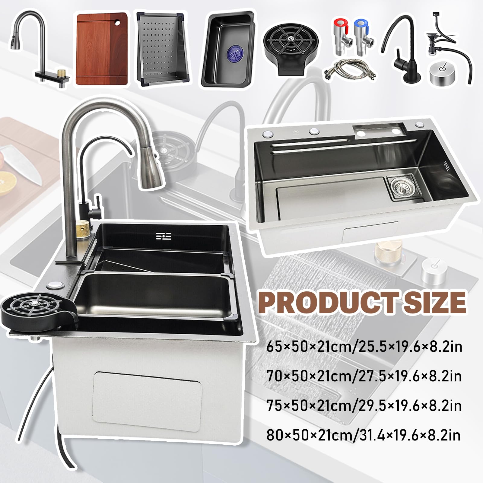 Fregadero de cocina multifuncional de acero inoxidable con efecto cascada, 85 × 50 cm, gran fregadero de estación de trabajo, fregadero individual con montaje en la parte superior, con botón