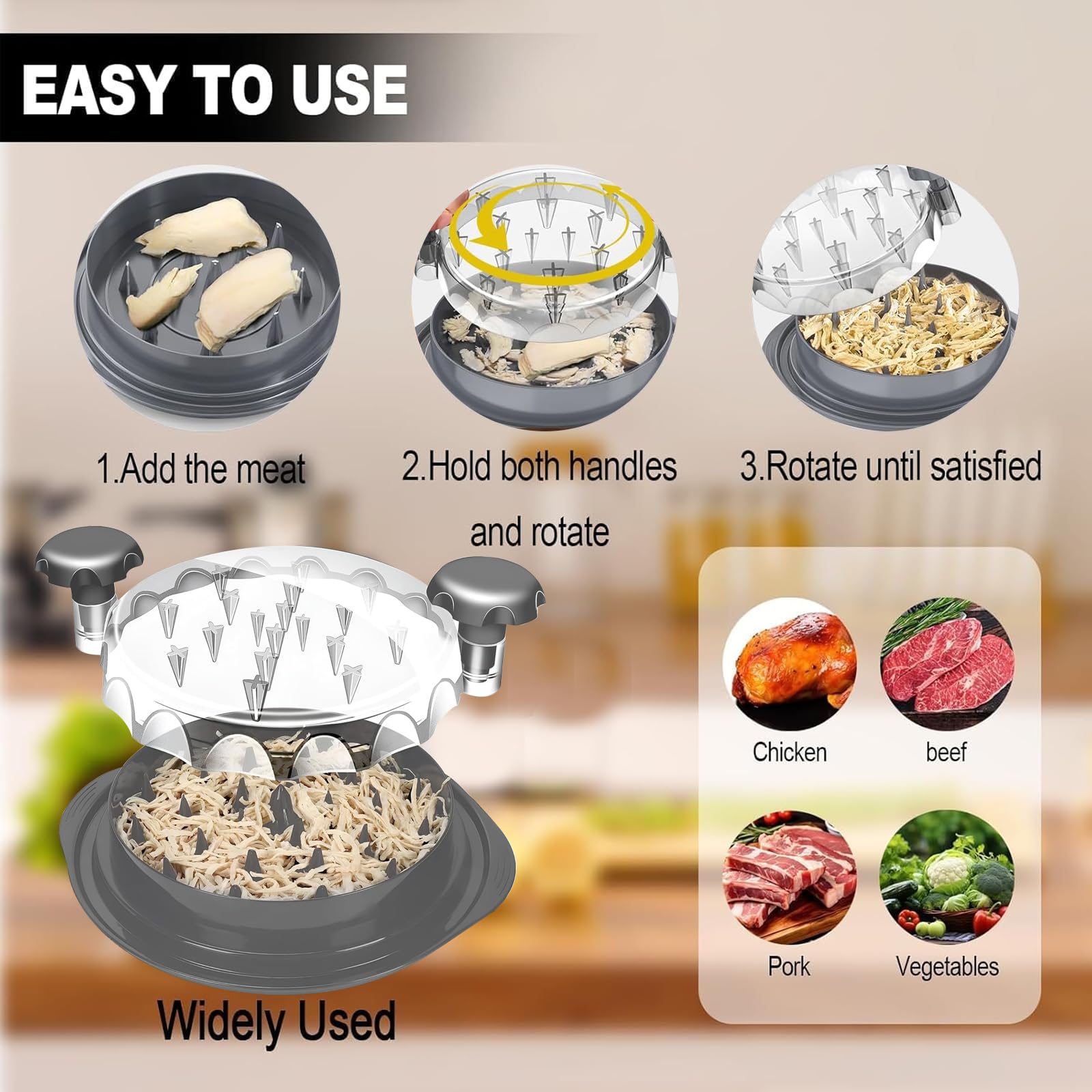 Trituratore di pollo, strumento di triturazione del petto di pollo visibile con spazzola, grande trituratore per carne, manico ergonomico, antiscivolo, resistente al calore, lavabile in lavastoviglie