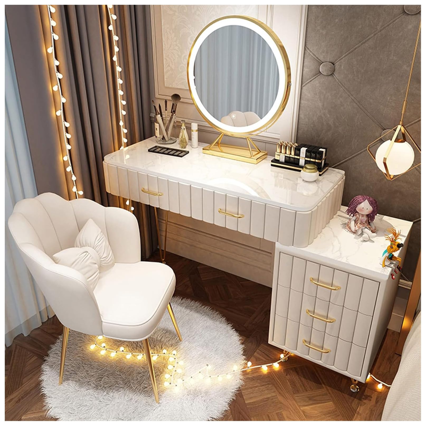 Juego de maquillaje LED con 5 cajones y taburete, espejo cosmético, ahorro de espacio, muebles de dormitorio para niñas, estación de maquillaje y solución de almacenamiento