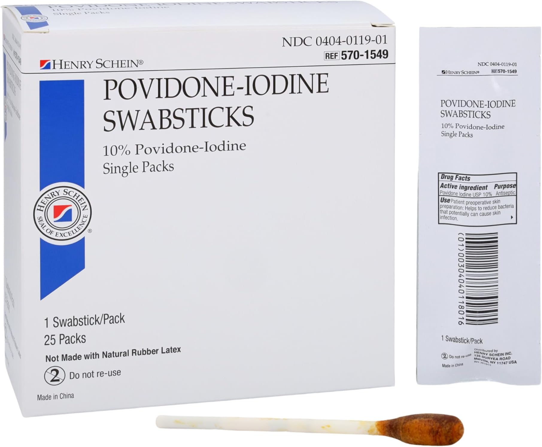 Henry Schein Prep Povidone-Iodine Swabsticks 1's- Individually Packed, Sterile, Antiseptic for Skin Preparation, 10% Povidone-Iodine- 25/BX