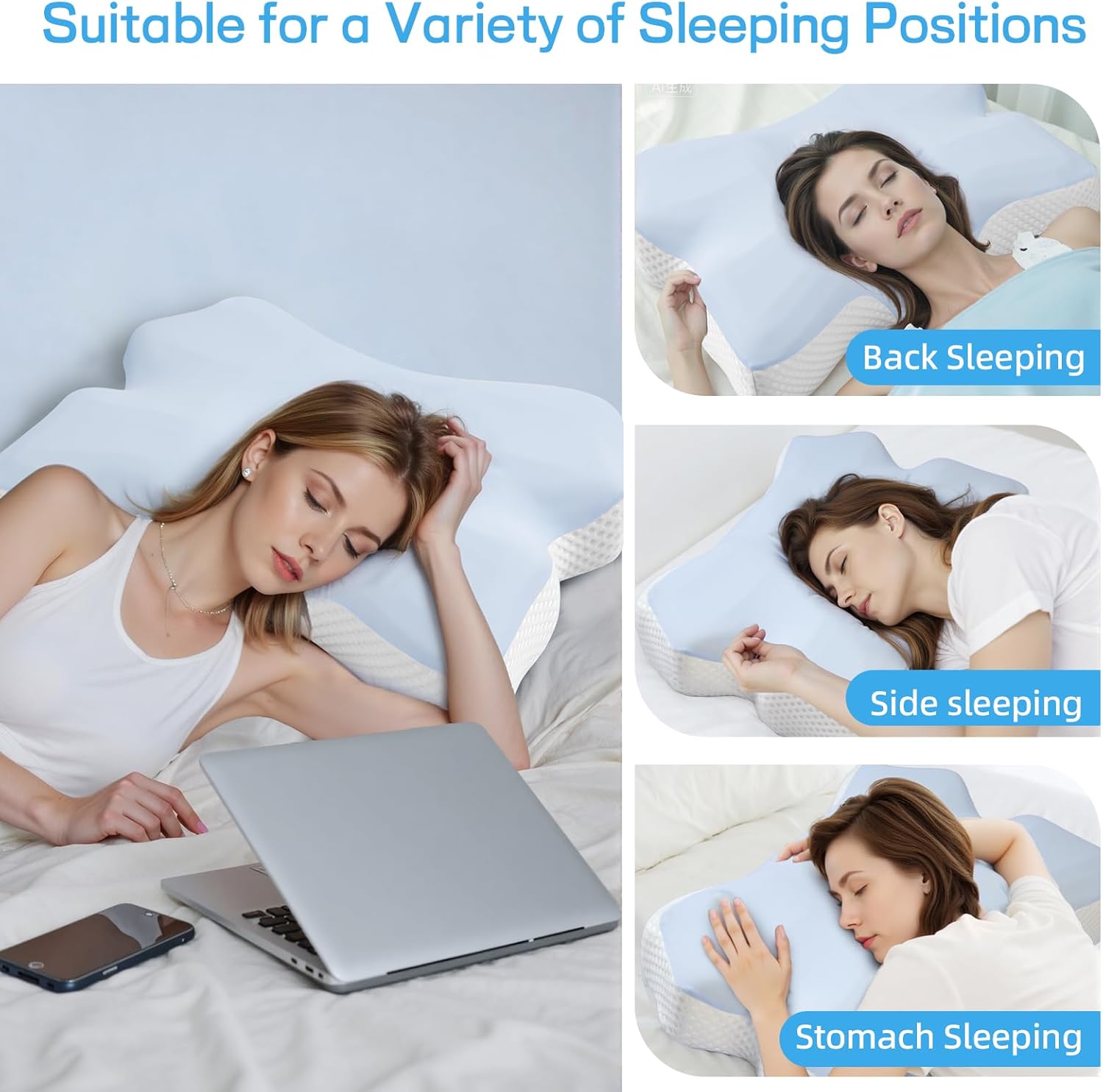 Cervical Neck Pillow for Pain Relief, Ergonomic Neck Support Pillow for Side Sleeper, Contour Memory Foam Pillows with Cooling Pillowcase Orthopedic Bed Pillow for Back Stomach Sleepers, Sky Blue - Image 2