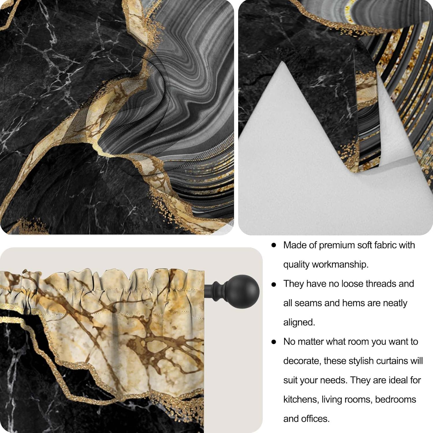 Marble Black & Gold Tiered Swag Window Curtain Set, 3Pc Kitchen Curtains with Marble Art Valance, Rod Pocket for Modern Kitchen Windows; Unique Patterns