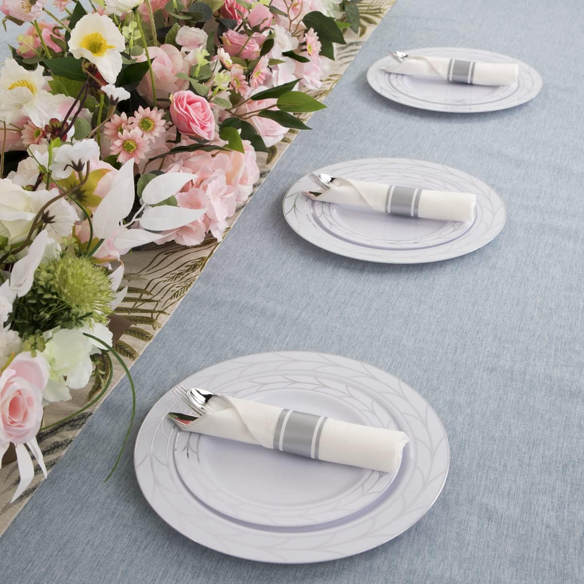 COLOSUS 50 Pack Pre Rolled Disposable Silver Plastic Silverware -Pre Rolled Napkin Cutlery set include knife fork spoon napkin for Party table setting