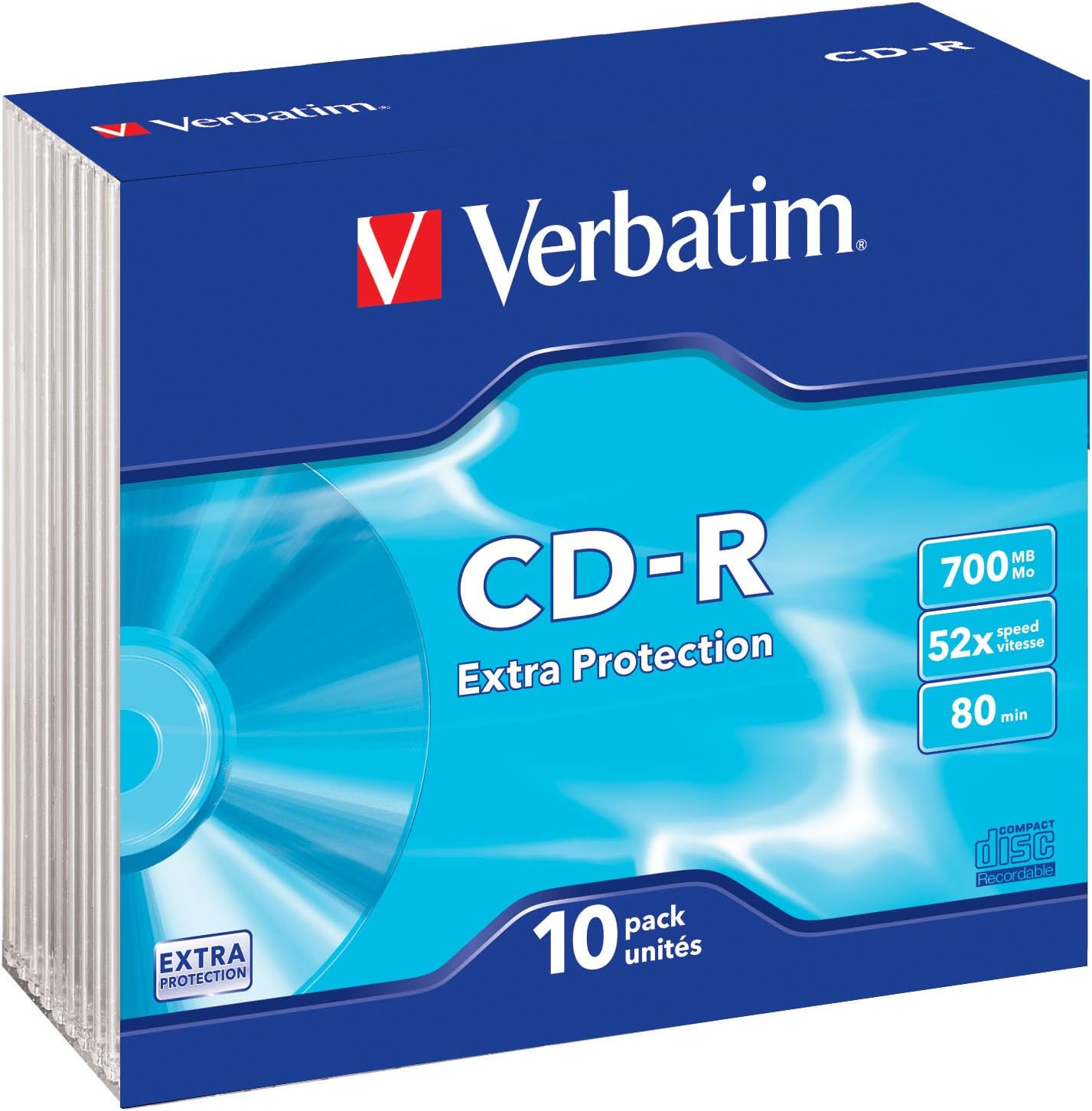 Verbatim CD-R Extra Protection CD Blanks with 700 MB Data Storage, Ideal for Photo and Video Recording, Compatible with Any Conventional CD Drive, Pack of 10 Slim Jewel Case