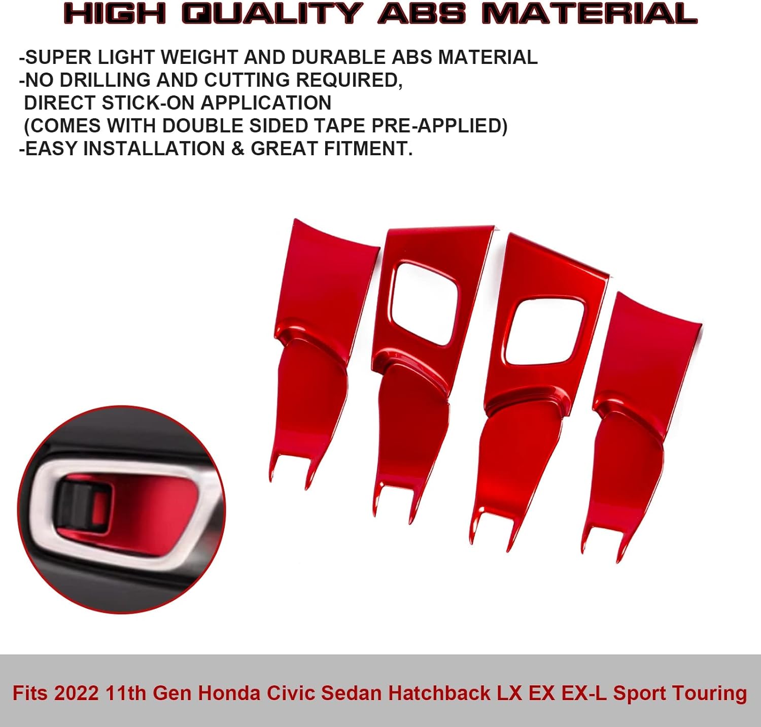 x xotic tech Red Car Inner Door Handle Bowl Cover Trim Compatible with Honda Civic 11th Gen 2022 2023 2024 2025 2026 Interior Accessories