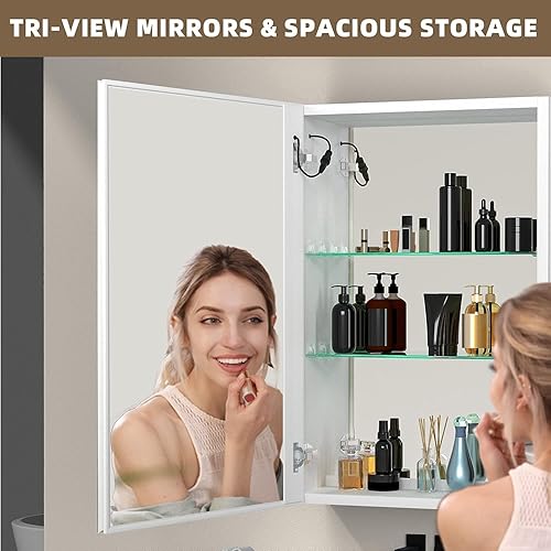 Miniatura 8 de Ogonbrick Botiquines de medicina LED de 50 W x 30 H con espejo para baño puertas dobles, botiquín moderno con luces, antiempañamiento, 3 luces de