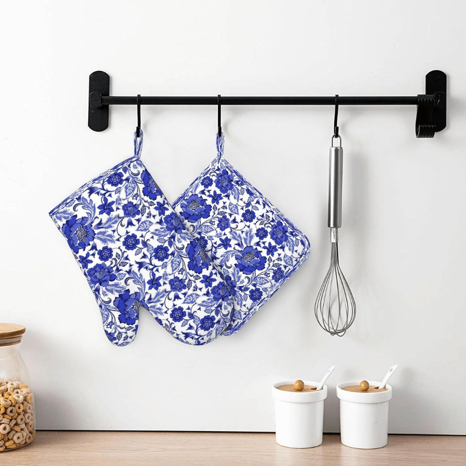 Chinoiserie Navy Blue Floral Oven Mitts and Pan Racks 4-Piece Set