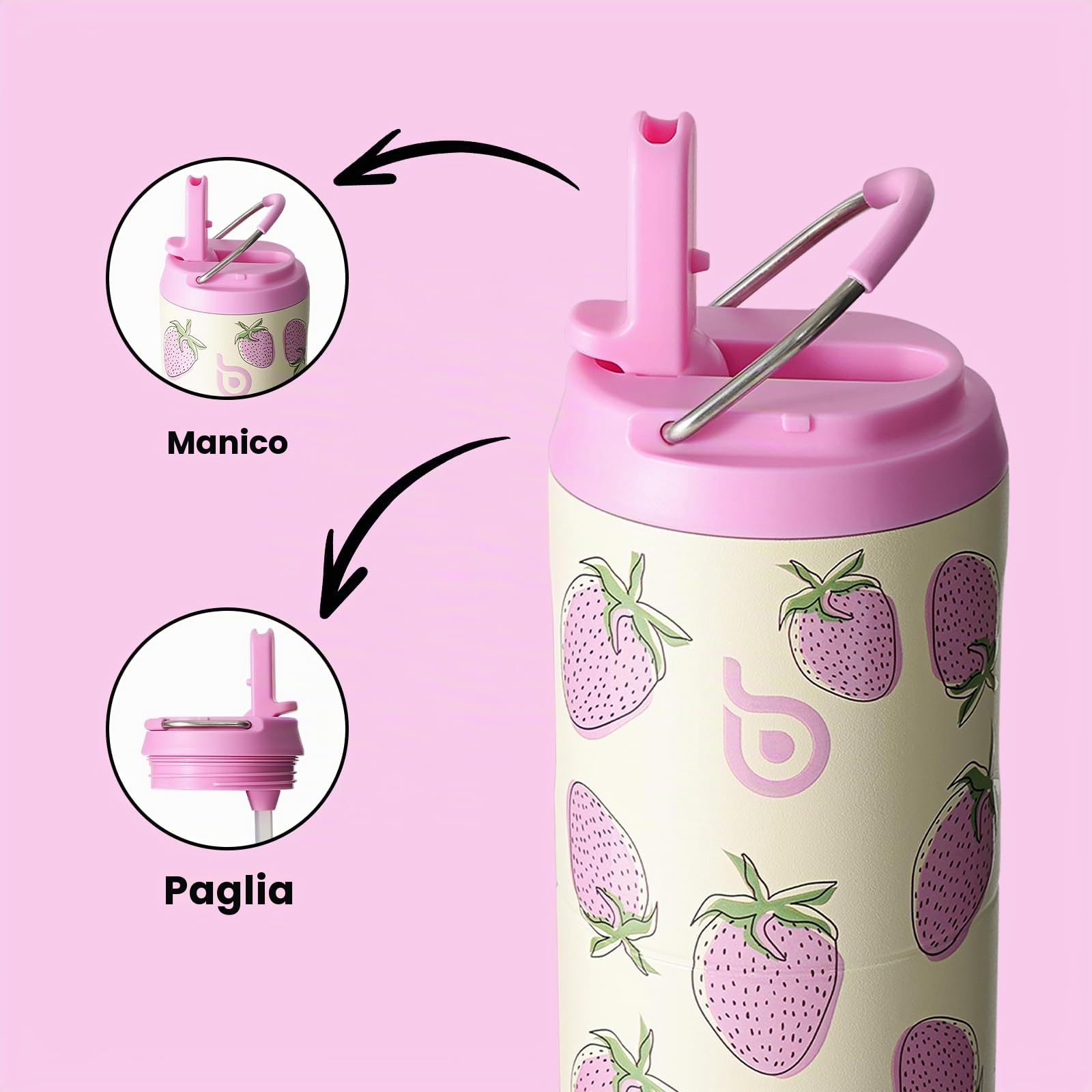 BOTTLE BOTTLE Borraccia termica da 680,4 g, con coperchio e manico, per sport, viaggi, palestra, in acciaio inox, a doppia parete, sottovuoto, in metallo, a prova di perdite, priva di BPA (fragola)