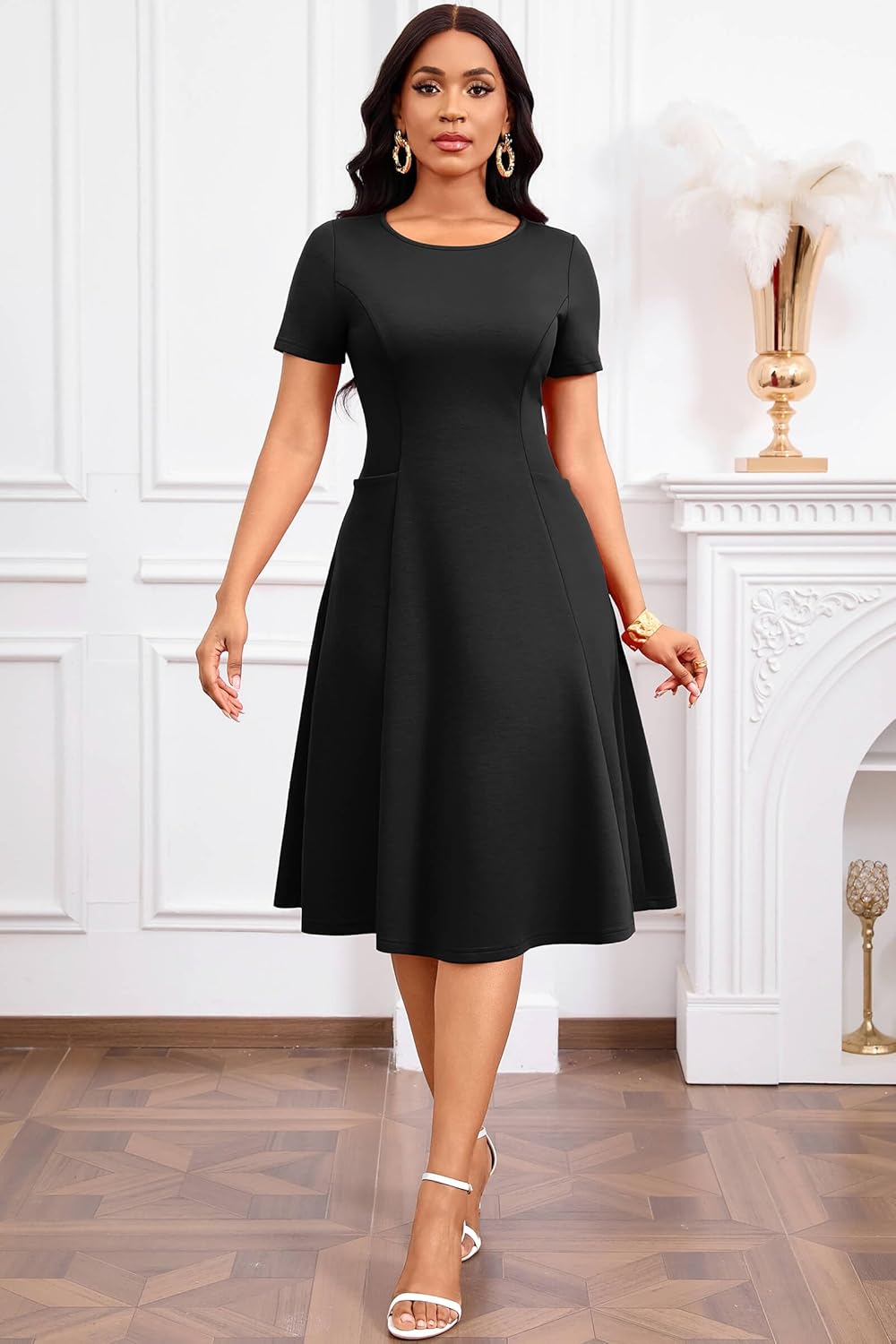 Nmoder Casual Midi Dresses for Women Short Sleeve Fit and Flare A-line Church Crew Neck Dress with Pocket - Image 4