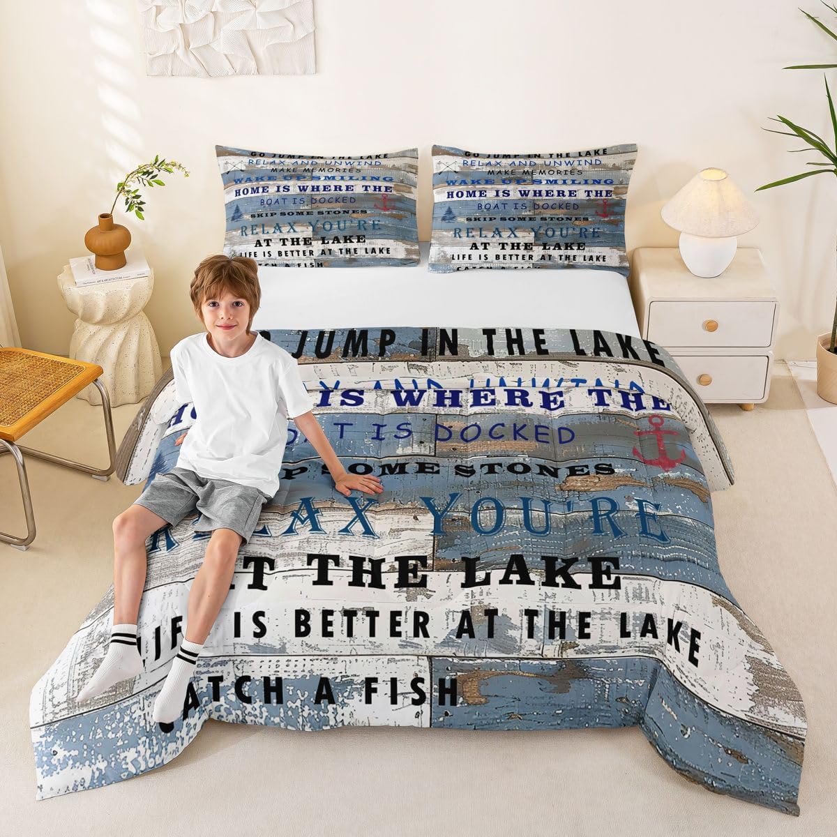 Queen Lake Rules Comforter Set, Rustic Cabin Camping Bedding Comforter Sets Teal Wooden Board Country Farmhouse Duvet Insert Inspirational Words Quilted Duvet Gift For Lake Lover, 2 Pillow Cases