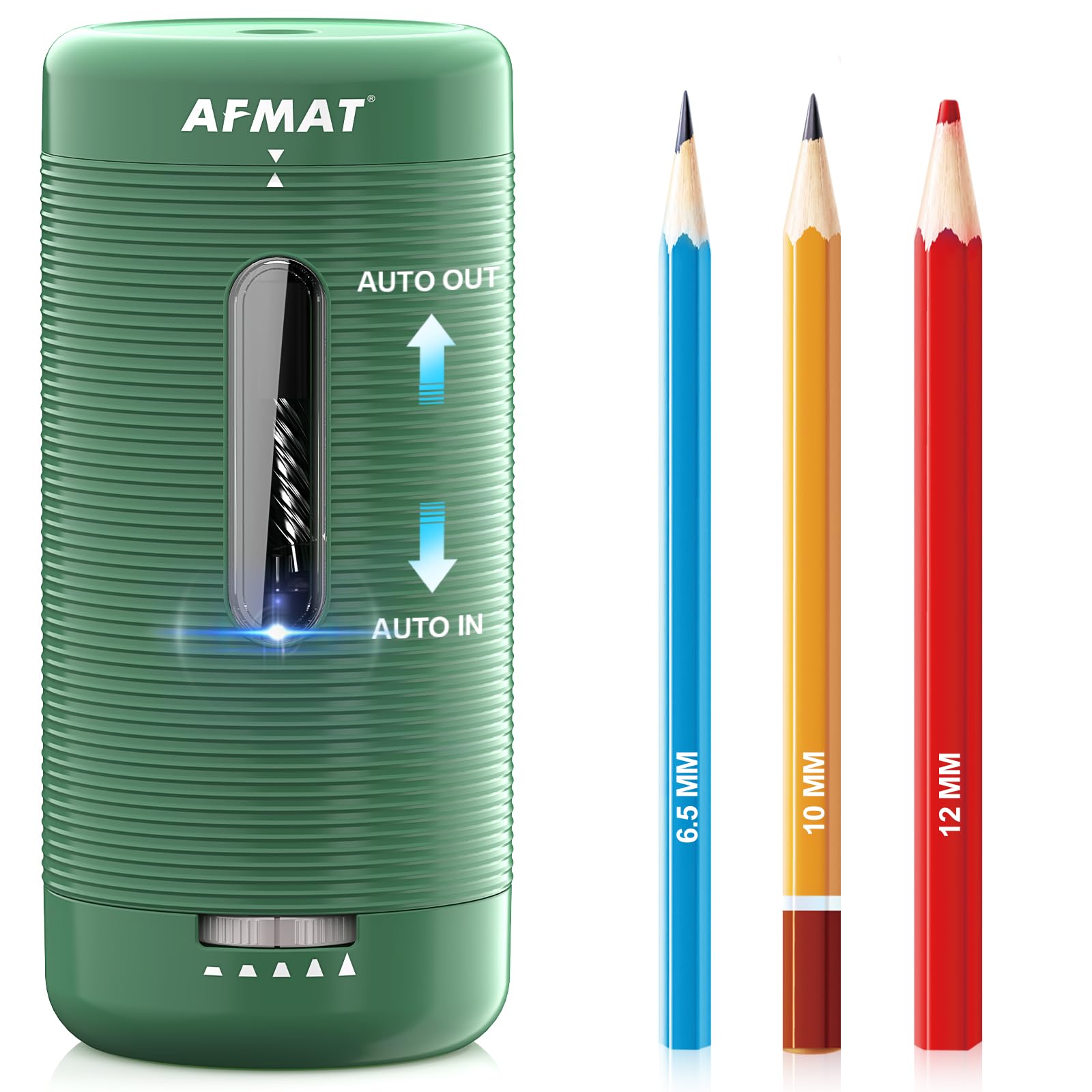 AFMAT Electric Pencil Sharpener, Rechargeable Automatic Pencil Sharpener for Large Color Pencils 6.5-12mm, Hands Free Portable Pencil Sharpener 5 Nibs Settings for School/Office/Studio/Home,Green,PSC2