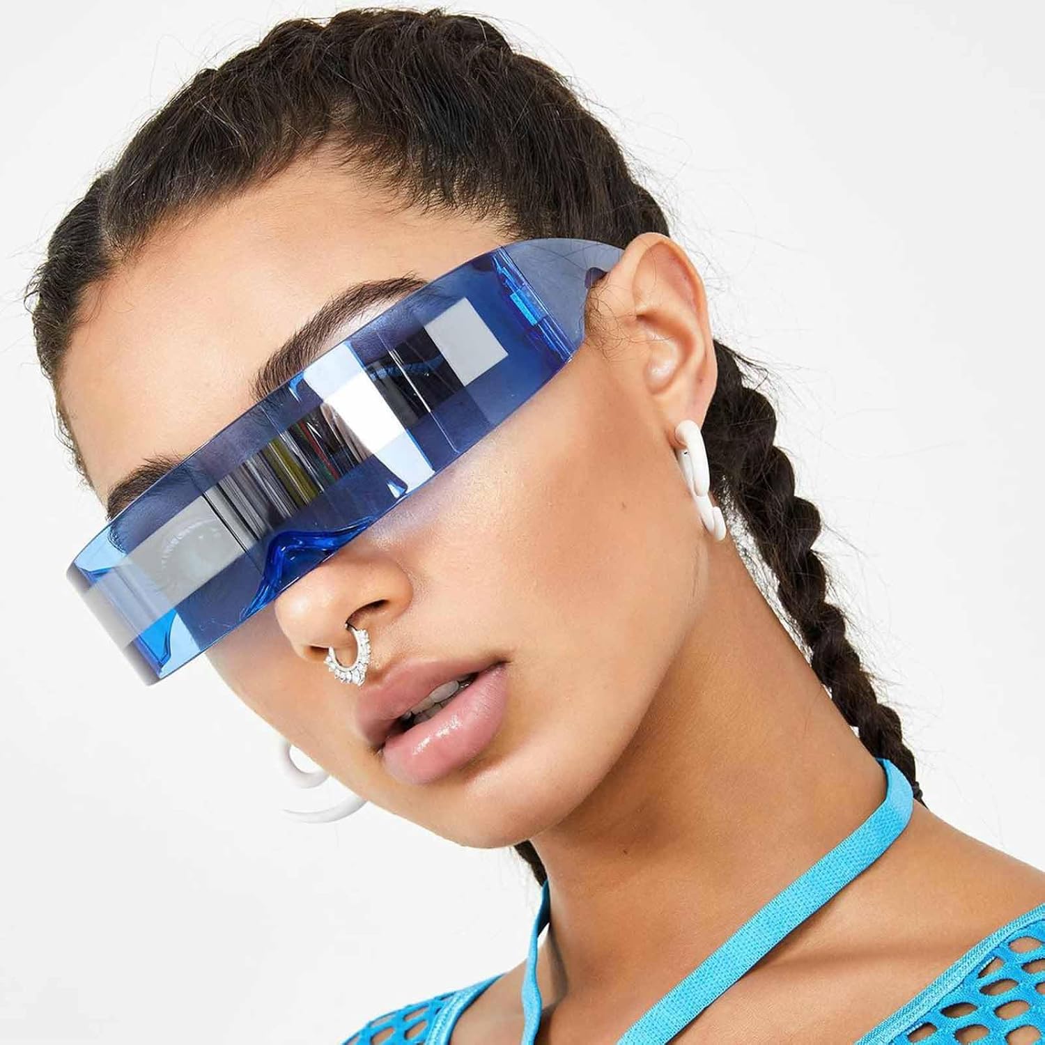 Dollger Futuristic Sunglasses Y2K Space Cyclops Wrap Around Glasses Rimless Translucent Mirrored Lens - Image 2