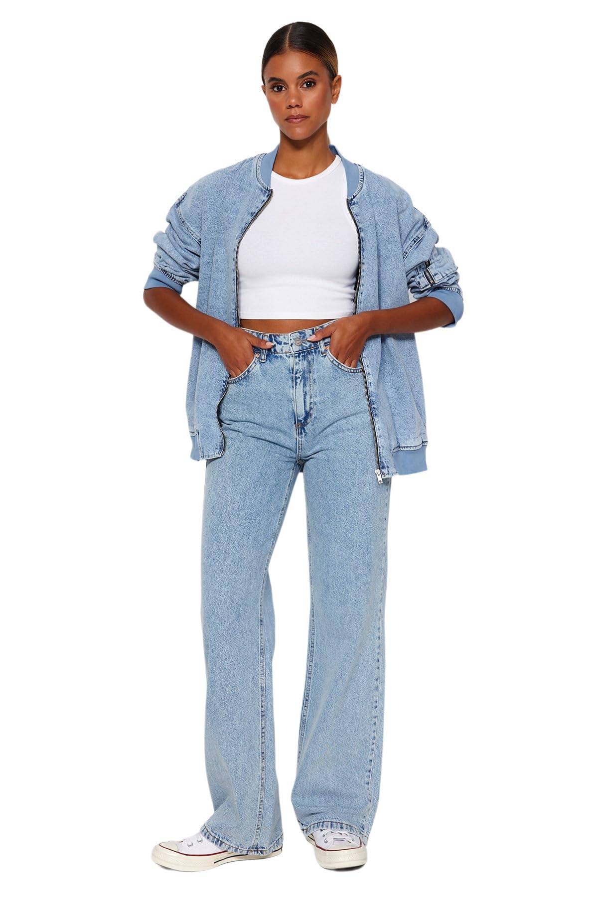 Trendyol Damen Gerade Weites Bein Hohe Taille Jeans