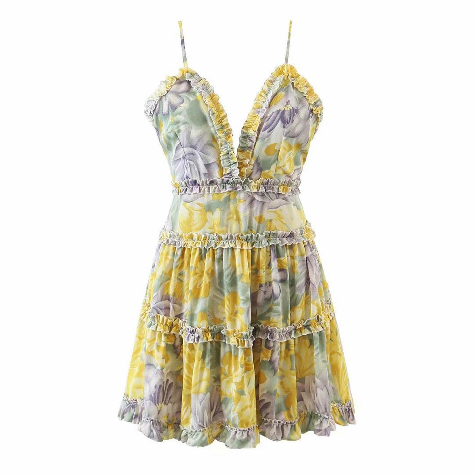 Robe d'été mousseline fluide et fraîche jaune à bretelles volants