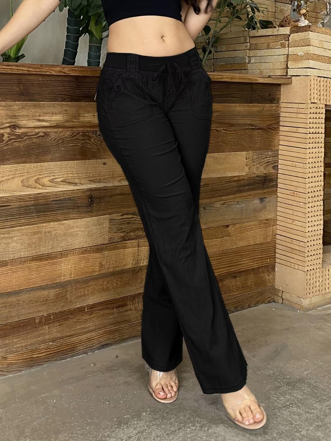 Flamingals Low Rise Cargo Wide Leg Pants for Women Drawstring Flap Pockets Y2K Bow Tie Casual Flare Pants - Image 3