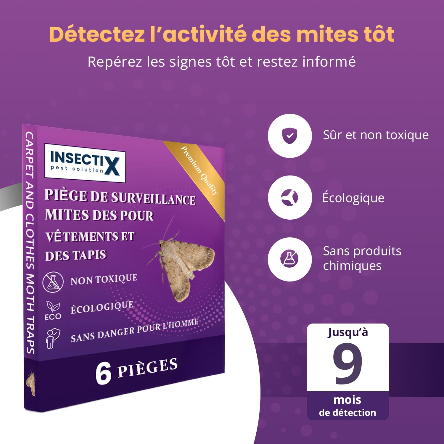 Pièges à mites textiles – Lot de 6 détecteurs sans odeur, non toxiques avec phéromones – Pour armoires, tiroirs, tissus & rangements – Sans danger pour les enfants et les animaux