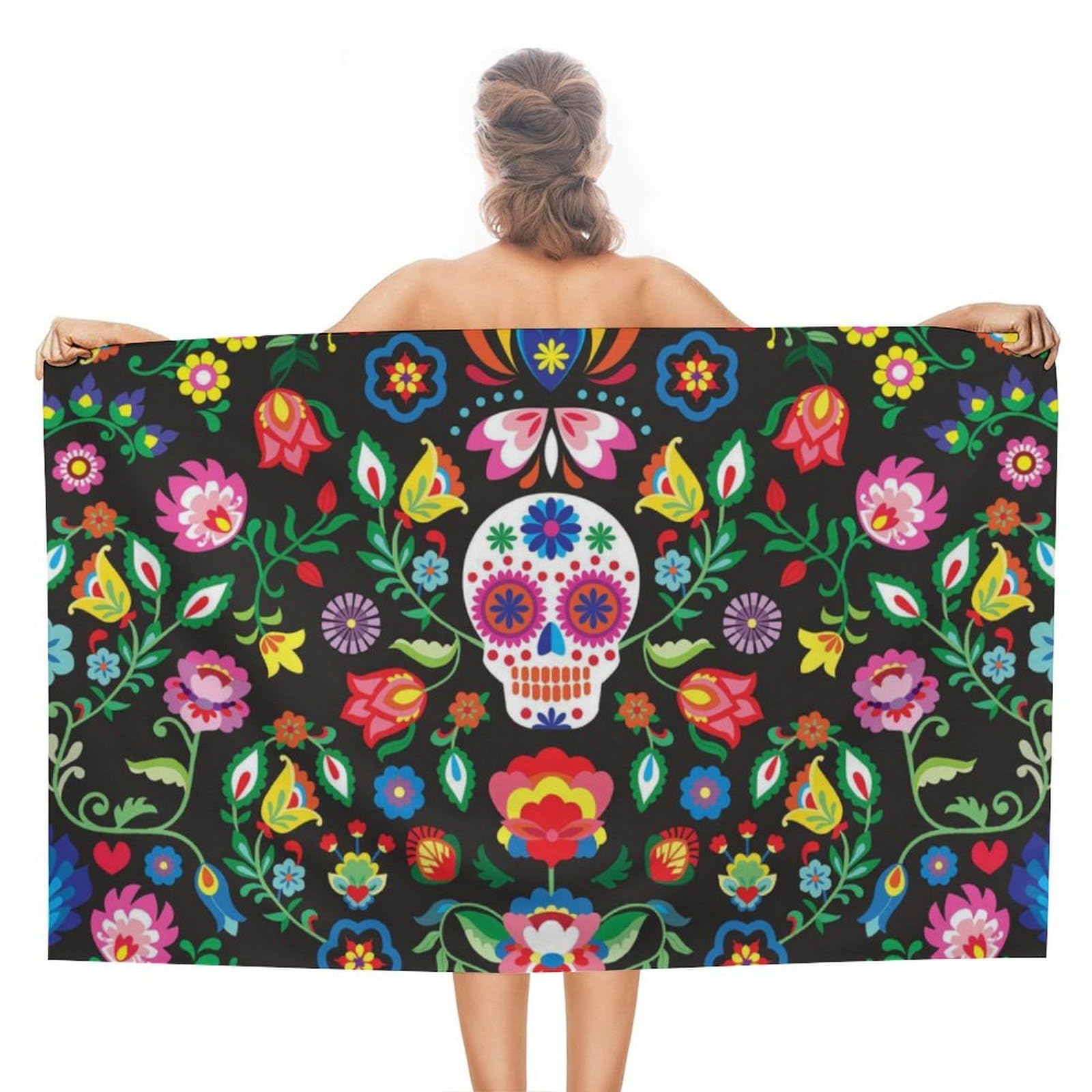 LEDFCVSU Beach Towel, Mexican Sugar Skulls Bath Towel, Absorbent Towel for Swimming, Sports, Travel