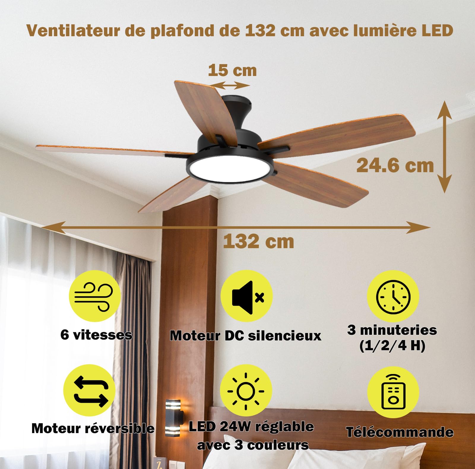 Ventilateur de plafond 132 cm avec lumière LED, moteur DC silencieux, 6 vitesses, trois options de couleur et lumière réglable, finition noire, télécommande pour chambre à coucher, salon