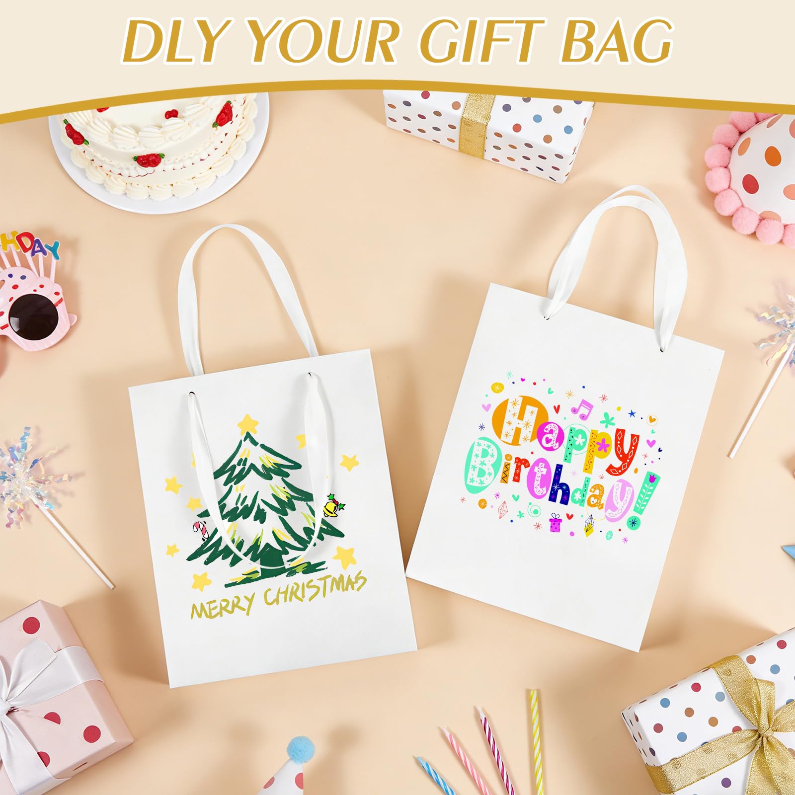 Ethhqu 4 Pack Medium White Gift Bags with Handles, 8x5x10 Inches - Includes 4 Tissue Papers for Birthday Party, Baby Shower, Wedding, Business, Thanksgiving, Christmas (White Medium-4 Pcs)