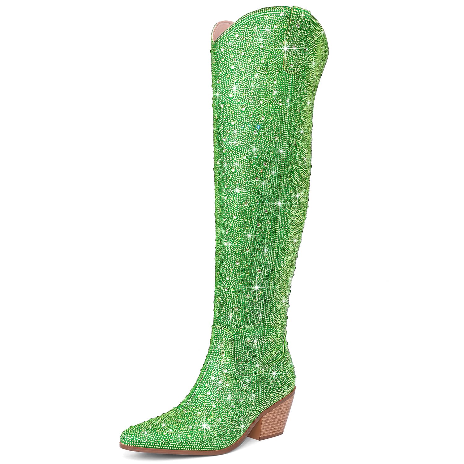 Women Rhinestone Over the Knee Cowboy Boots, Sparkly Bling Cowgirl Boots Western Thigh High Boots Pull-On Side Zippers Chunky Heel Pointed Toe For Concerts, Music Festivals, Parties &amp; Night Out