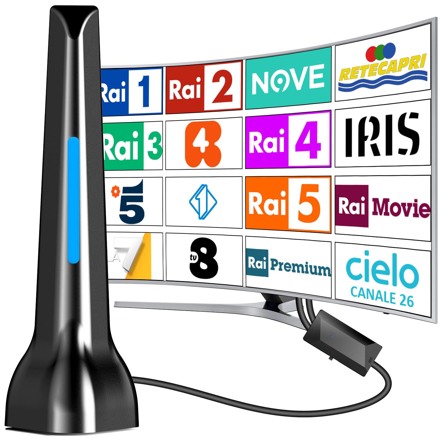 Antenna tv interna, antenne tv intérieur puissante, antenna TV portatile con potente base magnetica，ricezione a lunga distanza Supporta 4K 1080p DVB-T/DVB-T2Canale locale