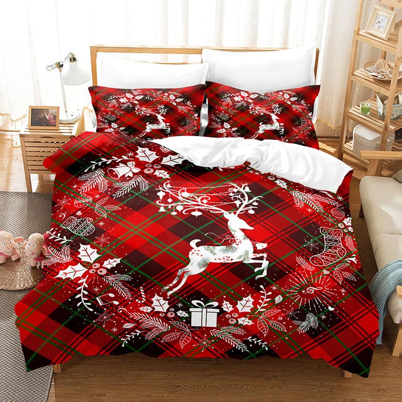 Housse de couette à carreaux rouges et verts 140x200 avec motif rennes