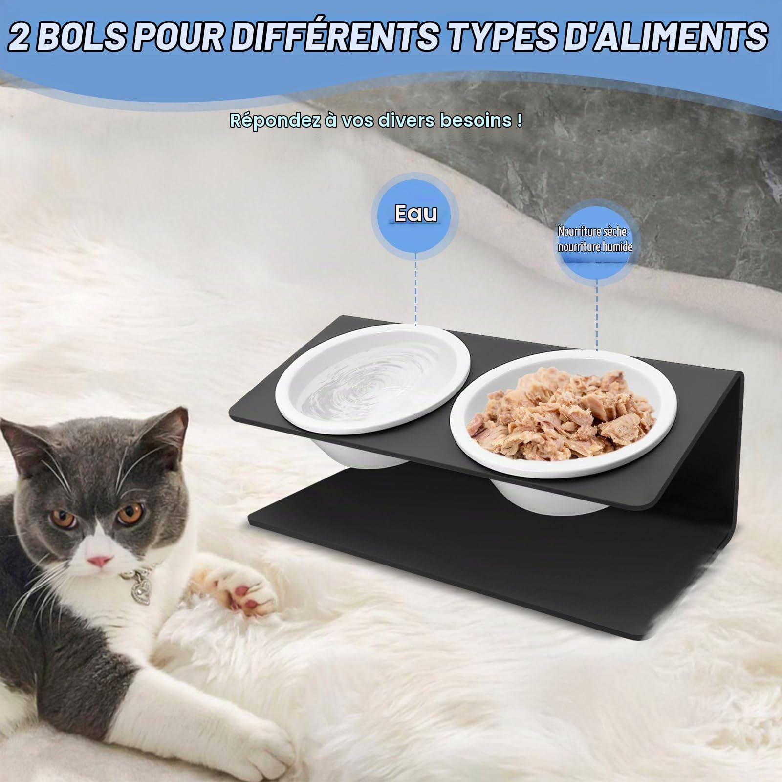 Gamelle Chat Surélevée, Gamelle pour Chien avec Support en Métal Antidérapant Incliné à 15°, Bols Chat Ceramique de Nourritur