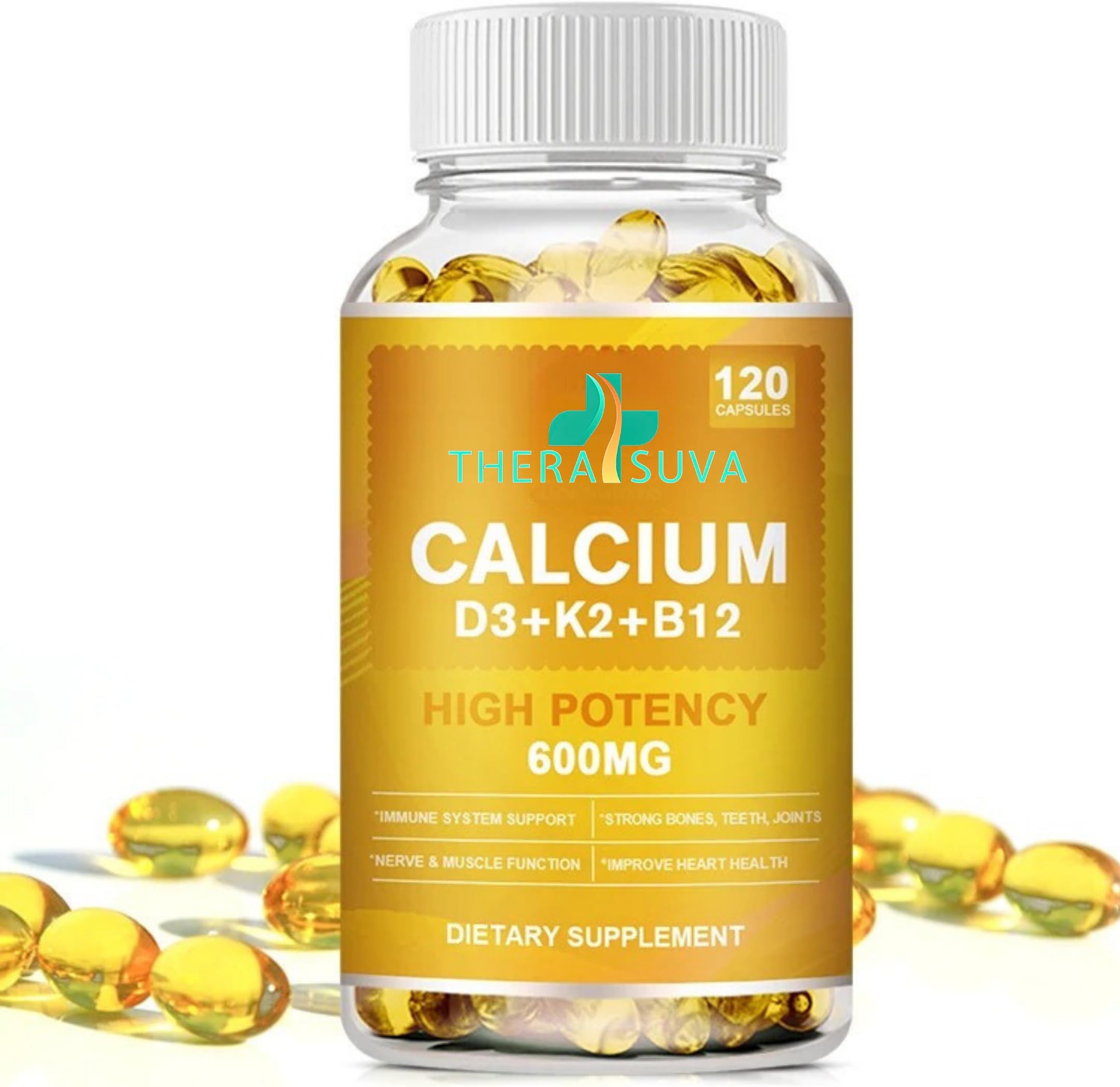 Extra Strength 4-in-1 Calcium 600mg + Vitamin D3 5000iu + K2 + B12 Natural Supplement Complex for Bone and Immune Health, 2 Month Supply, 120 Softgels
