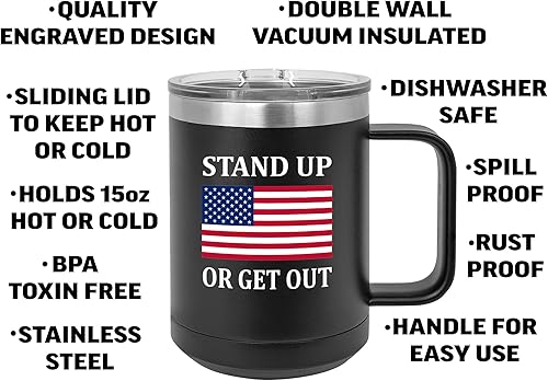 Miniatura 2 de Rogue River Tactical Taza de café negra de acero inoxidable resistente con tapa de la bandera estadounidense Stand Up Or Get Out, gran idea de regalo