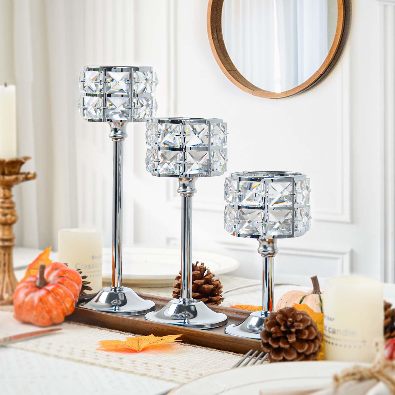 Crystal Metal Candle Holder, Square Crystal Beads Bling Tea Light Candlestick, Tall Votive Candelabra Elegant Centerpiece for Table Wedding Decoration, Home Decor (Silver, 4 Set (12pcs)