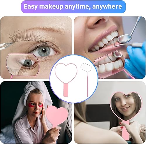 Miniatura 6 de TBWHL Espejo de Mano de Viaje en Forma de Corazón, Espejo de Mano Cosmético con Mango para Afeitado de Una Sola Cara Portátil de Viaje Espejo de